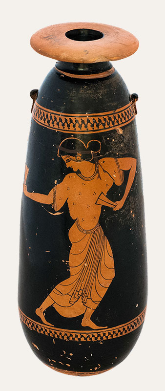 Small perfume bottle (alabastron) depicting a female dancer with krotala or clappers (520 B.C.), National Archaeological Museum of Athens.
