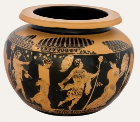 Αττικός ερυθρόμορφος δίνος με παράσταση του Διονύσου και του θιάσου του από Σατύρους και Μαινάδες (Ζωγράφος του Δίνου), 420-410 π.Χ. Εθνικό Αρχαιολογικό Μουσείο.