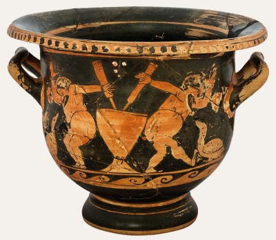 Vessel for mixing wine with water (krater) with a comic scene: geese are attacking cooks (380-370 B.C.), National Archaeological Museum.