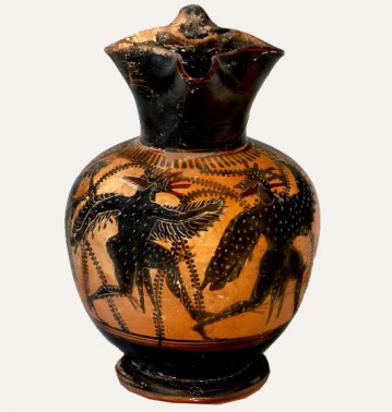 Wine jug (oinochoe) depicting  a chorus of men disguised as birds (ca. 480 B.C), London, British Museum. 